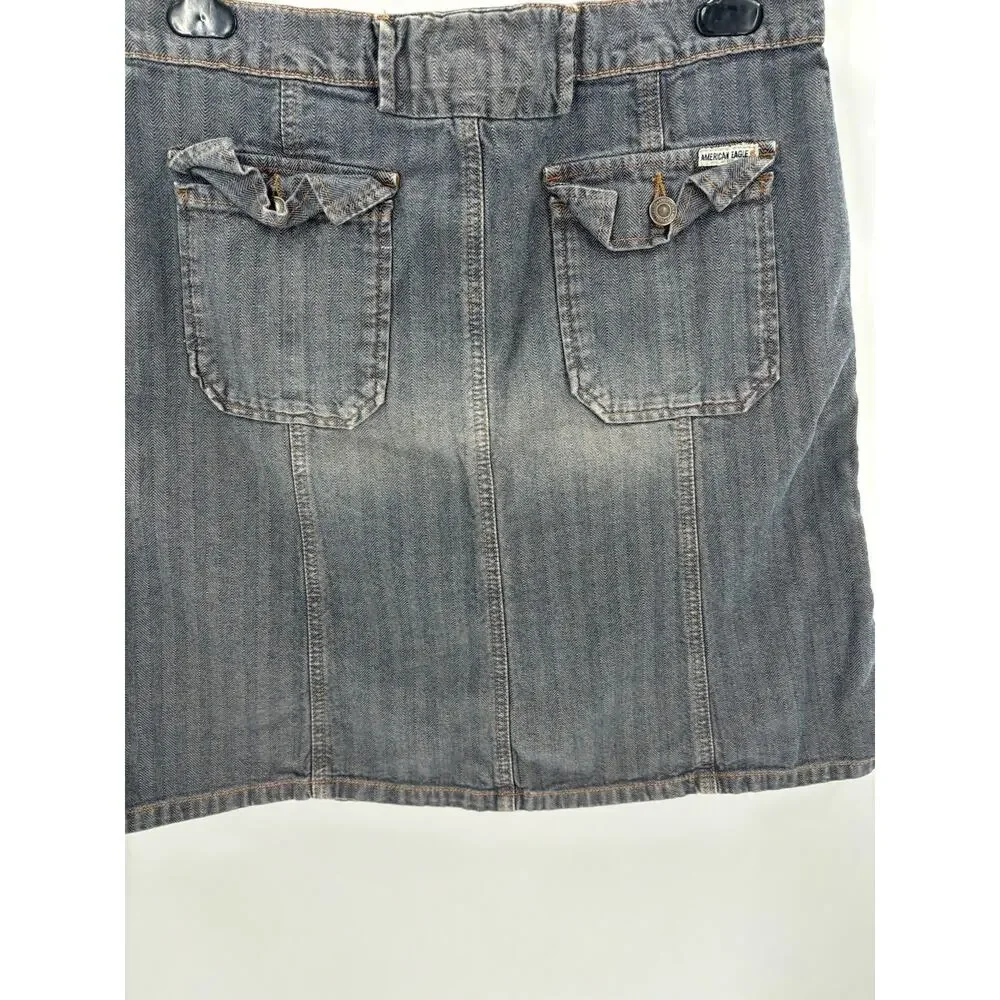 Vintage American Eagle Skirt Womens 8 Gray Blue Denim Jean Stripe Y2K 90s Pocket